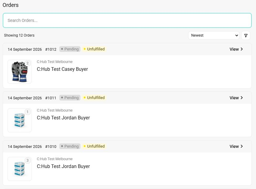 Actual C:Hub demo Orders list showing permitted company orders, purchaser names, company locations, search and sorting.