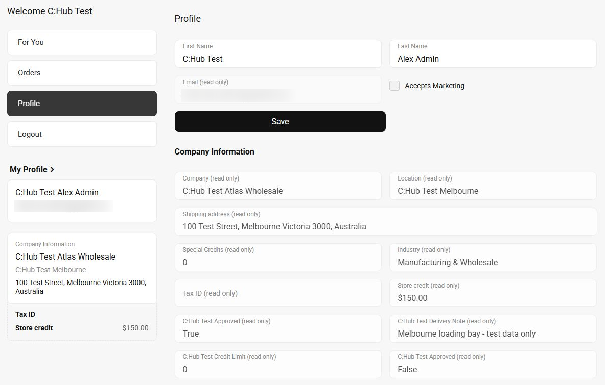 Actual demo company profile with read-only company, location, shipping address, store credit and custom company information.