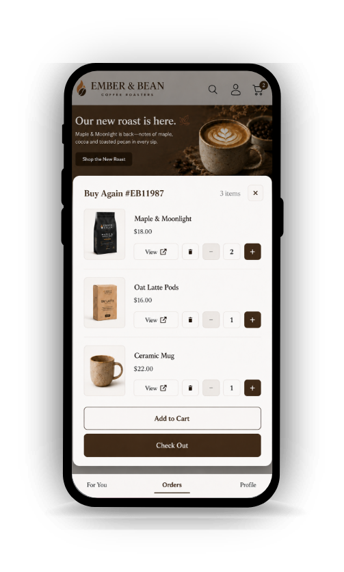 Actual C:Hub Buy Again panel: products from a previous coffee order, with quantity controls and an Add to Cart button