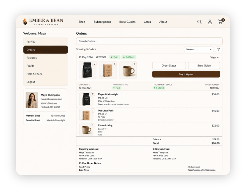 Actual C:Hub order history with search, sorting, status badges and an expanded order showing products, totals and addresses